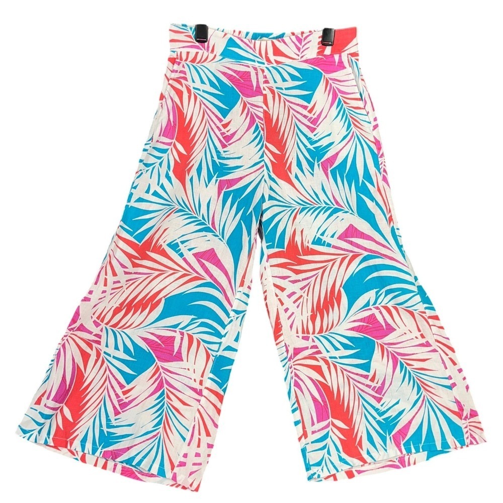 Cynthia Rowley Linen Palm Leaf Print Wide Leg Culotte Crop Pants L Womens